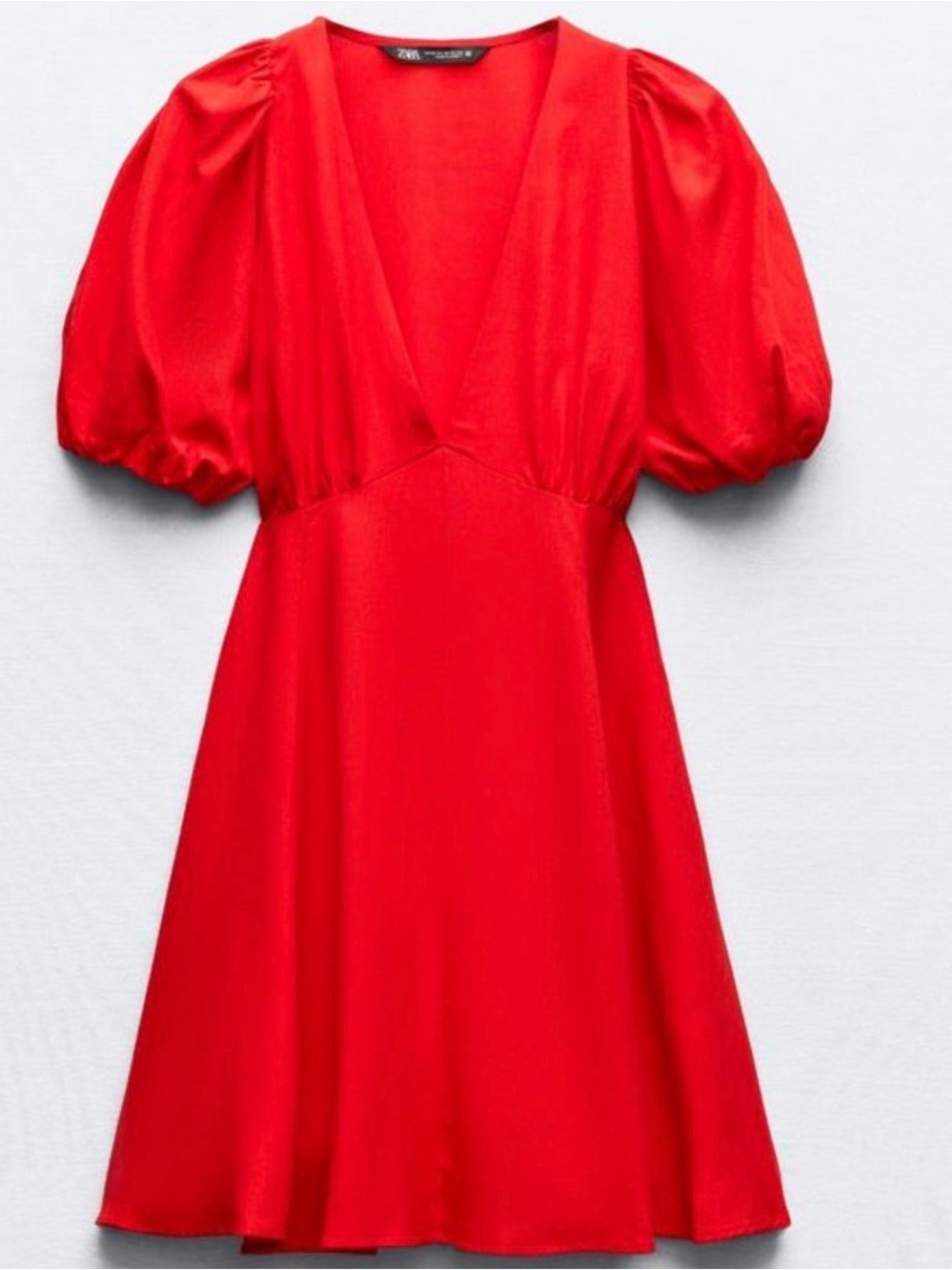 Zara Red V-Neck Puff-Sleeve Mini Dress